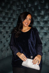 Navy Velour Sequin Panel Top Aurora