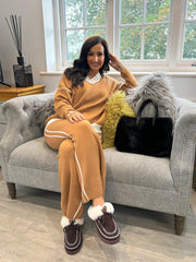 Camel Striped V Neck Sweater Set Pam