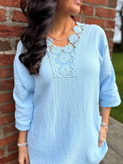Light Blue Boho Daisy Bubble Cotton Top Skye
