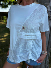 White Drawstring Embroidered Panel Tee Avani