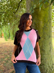 Chocolate Short Sleeve Argyle Knit Rylie
