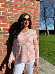 Pink Crochet Loose Weave Knit Amber