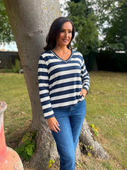 Navy V Neck Striped Sweat Top Demi