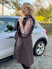 Chocolate Sleeveless Faux Fur Trim Coat Alexis