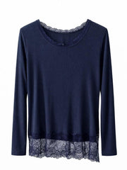 Navy Ribbed Lace Trim Top Madeline