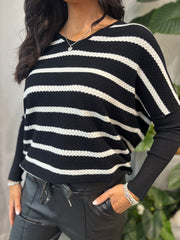 Black Striped Back Button Knit Elise
