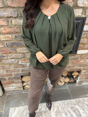 Khaki Pleat Detail Chiffon Blouse Molly