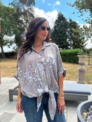 Mocha Botanical Tie Front Blouse Brielle