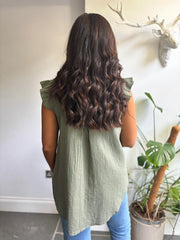 Khaki Floral Frill Sleeve Top Chrissy