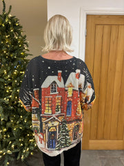 Navy Xmas Village Shimmer Top Robyn