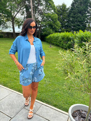 Denim Floral Print Shorts