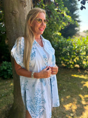 White Blue Coral Print Blouse Stacey