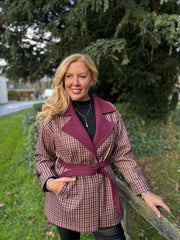Wine Checked Belted Jacket Clementine
