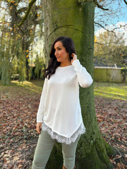 Winter White Ruched Lace Trim Top Janet