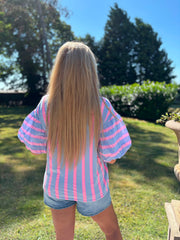 Denim & Pink Puff Sleeve Striped Top Erin