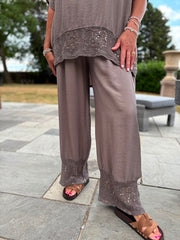 Mocha Sequin Trim Trousers Astrid