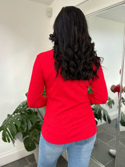 Red Ribbed Long Sleeve Lace V Neck Erin