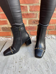 Black Chain Front Block Heel Boots