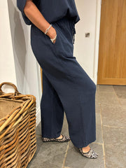 Navy Bubble Cotton Trousers