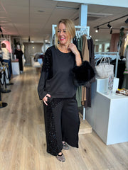 Black Cropped Sequin Panel Wide Leg Trousers