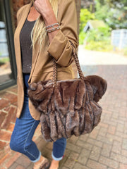 Chocolate Faux Fur Ruched Tote Bag