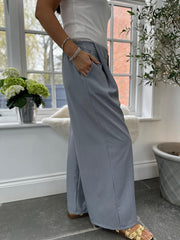 Grey Tailored Wide Leg Pleat Trousers
