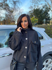 Black Boucle High Neck Bomber Jacket Jude