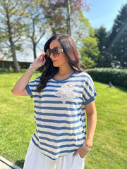 Denim Crochet Floral Striped Top Gemma