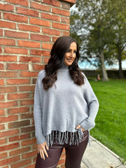 Grey Fringed Roll Neck Jumper Naomi