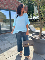 Blue Frayed Detail V Neck Top River
