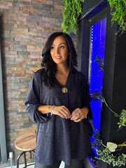 Navy Shimmer Brooch Top Indy