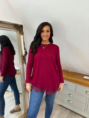 Wine Ruched Lace Trim Top Janet