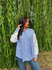 Denim Lace Sleeve Pinstripe Shirt Cove