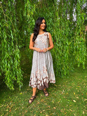 Cream Pleated Floral Stripe Dress Leona
