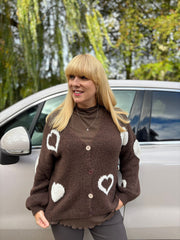 Chocolate & White Heart Knit Cardigan Denise