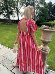 Red Crochet Patterned Stripe Dress Anabelle