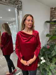 Wine Velour Cowl Neck Sparkle Top Olivia