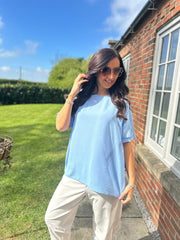 Blue Applique Floral Crepe Top Astra