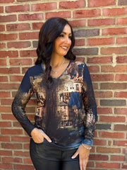 Navy Scenic Printed Top River