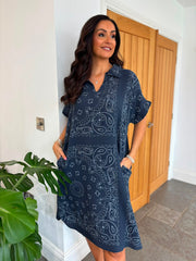 Navy Bubble Cotton Paisley Shirt Dress Jane