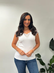 White Ribbed Lace Detail Top Amelia