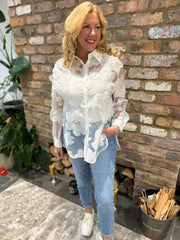 White Sheer Applique Floral Blouse Harriet