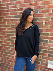 Black Diamante V Neck Knit Tori
