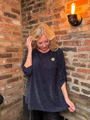 Navy Button Sleeve Shimmer Top Stevie
