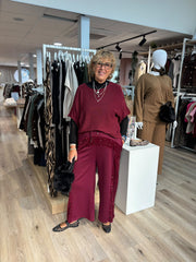 Wine Cropped Sequin Panel Wide Leg Trousers