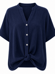 Navy Gathered Hem Bubble Cotton Top Ginny