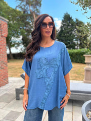 Denim Embroidered Floral Top Frankie