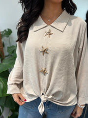 Stone Brooch Tie Front Blouse Megan