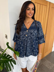 Navy Paisley Bubble Cotton Top Quinley