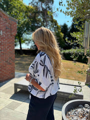 White Sketched Leaf Tie Front Blouse Brielle